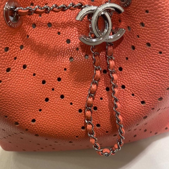 Chanel Caviar Drawstring Perforated Bucket Bag Coral Pink Orange Silver HW - Picture 5 of 16
